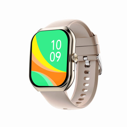 future tech gadgets Canada. smart tech store Canada. Techtron FAMO89 Fashion Smart Watch. Gallery image 3. The smartwatch is angled slightly to the right, showcasing its square face with a vibrant green and orange display that reads "10:09." The body features a glossy gold trim, contrasting with the soft matte finish of the light beige strap, which has ventilation holes. A round button is visible on the side of the watch, and the strap is secured with a silver clasp.