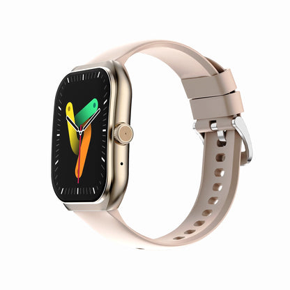 future tech gadgets Canada. smart tech store Canada. Techtron FAMO89 Fashion Smart Watch. Gallery image 6. The smartwatch is displayed at a slight angle, showcasing its rectangular face and rounded edges. The screen features a colorful design with green and orange elements against a black background, while the time is indicated with white hands. The watch has a gold-tone metal bezel and a soft, light pink silicone strap that is secured with a silver buckle.