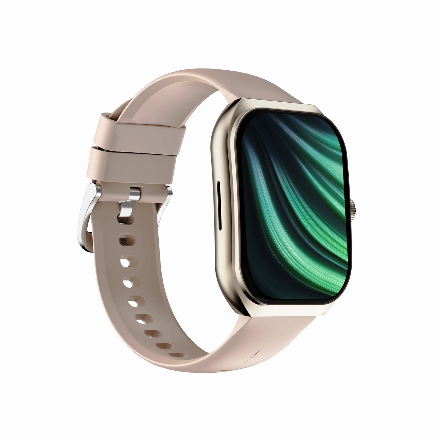 future tech gadgets Canada. smart tech store Canada. Techtron FAMO89 Fashion Smart Watch. Gallery image 7. The smartwatch is positioned at a slight angle, showcasing its rectangular face and soft pink silicone strap. The screen displays a vibrant, swirling green and blue pattern, reflecting a modern design. The watch case features a shiny gold trim, enhancing its sleek appearance. The background is a seamless white, providing a clean contrast that emphasizes the product.