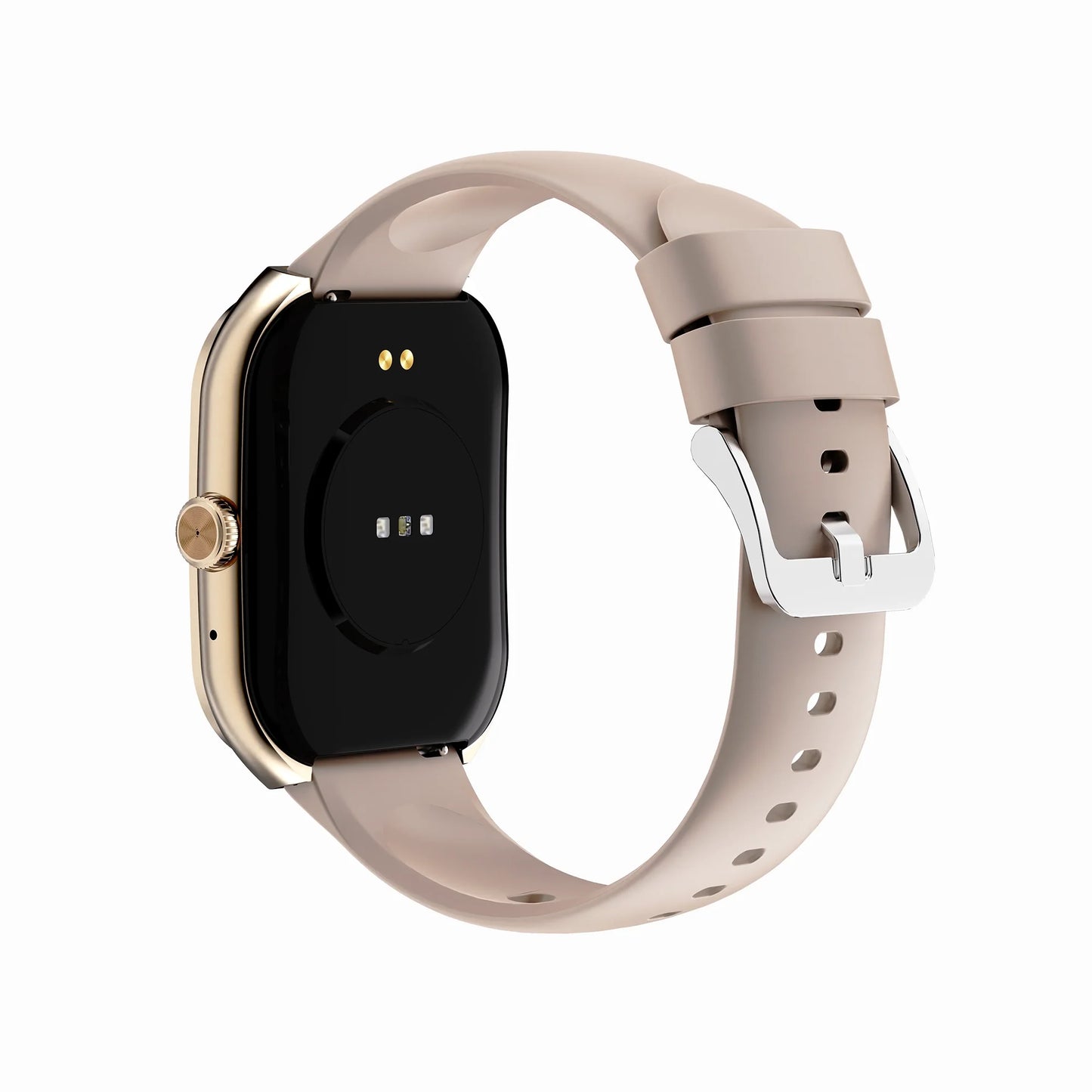 future tech gadgets Canada. smart tech store Canada. Techtron FAMO89 Fashion Smart Watch. Gallery image 8. The smartwatch is positioned at a slight angle, showcasing its sleek black body with a gold trim. The soft, light beige strap wraps around the back, secured with a silver buckle. On the back of the watch, there are two small sensors and three charging pins, all clearly visible.
