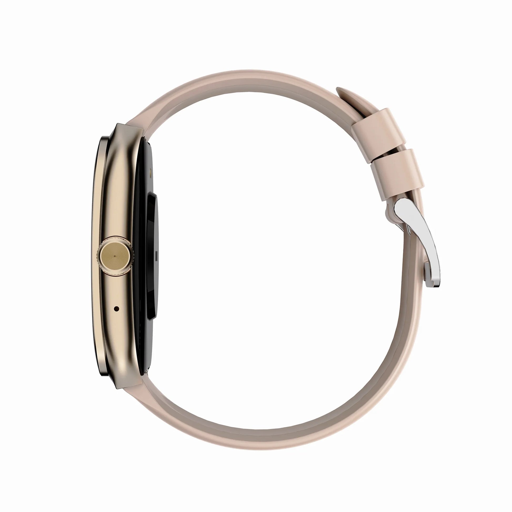 future tech gadgets Canada. smart tech store Canada. Techtron FAMO89 Fashion Smart Watch. Gallery image 9. The smartwatch is displayed in a side profile, centered against a seamless white background. The body features a glossy gold finish with a black screen, while the strap is a soft, matte light pink. A round button is visible on the side, along with a small microphone hole. The strap is secured with a silver metal clasp, adding a touch of contrast.