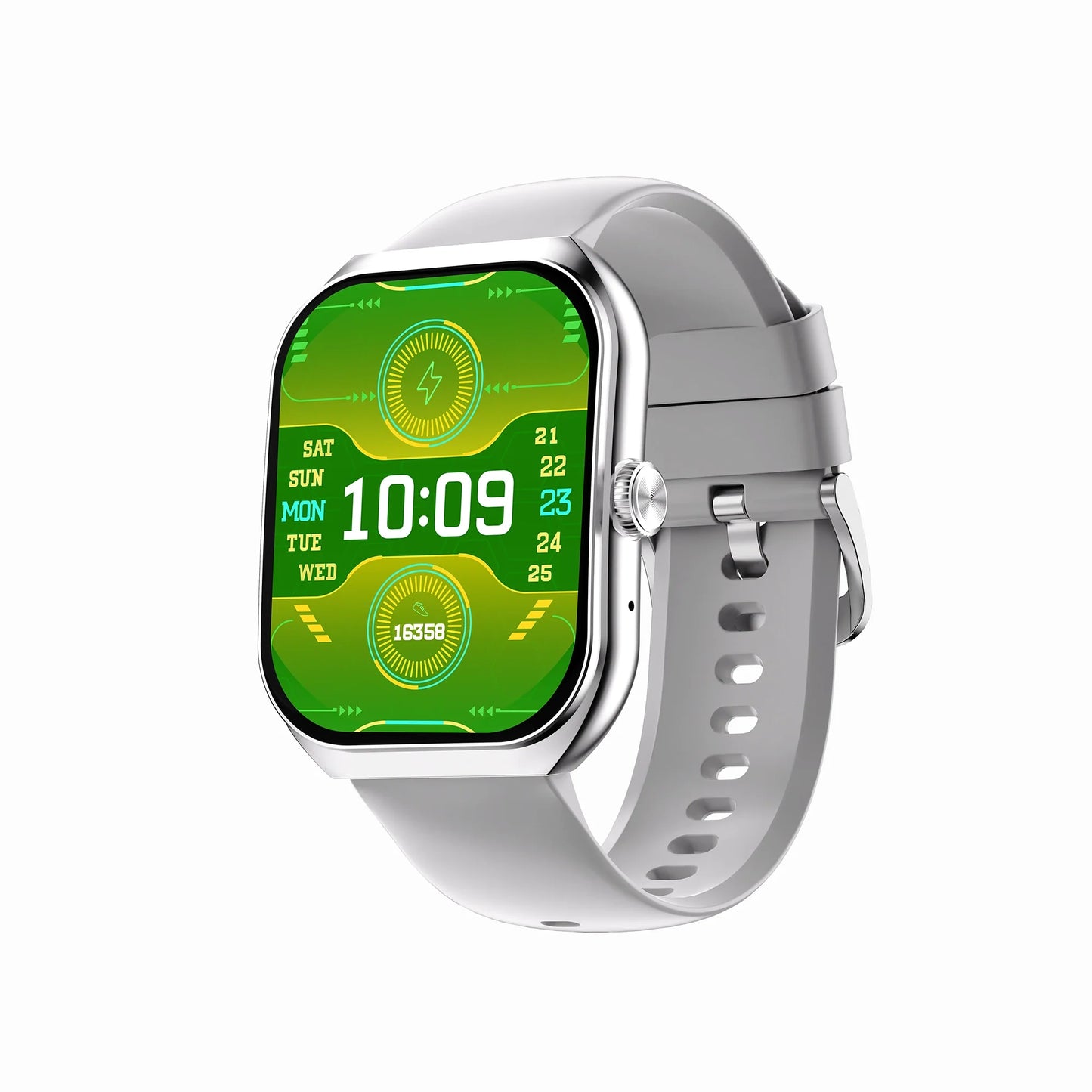 future tech gadgets Canada. smart tech store Canada. Techtron FAMO89 Fashion Smart Watch. Gallery image 10. The smartwatch is positioned at a slight angle, showcasing its rectangular screen with a vibrant green interface displaying the time as 10:09, along with the days of the week and a step count of 16,358. The device features a glossy silver bezel and a soft gray silicone strap with ventilation holes. The background is a seamless white, emphasizing the watch's sleek design.