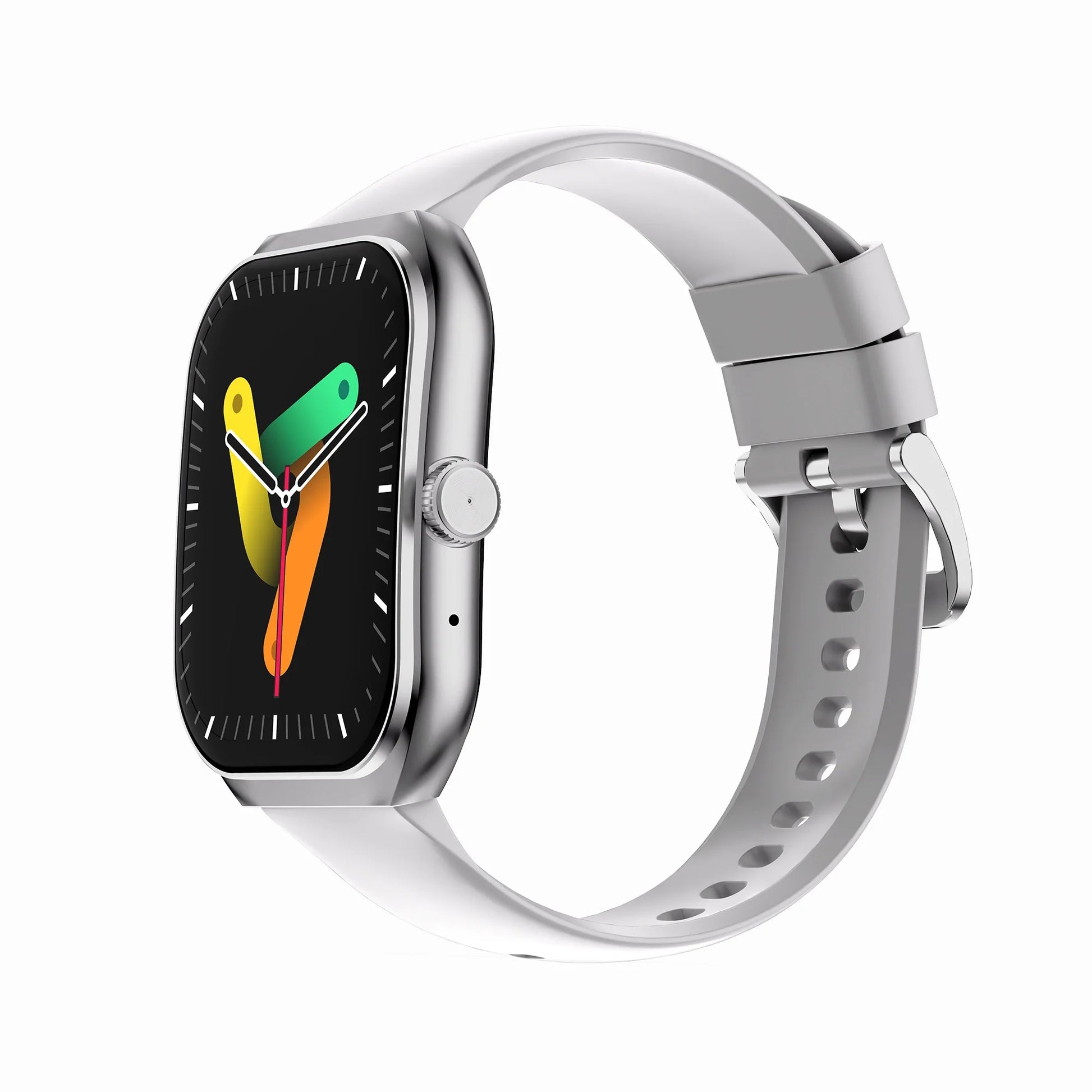 future tech gadgets Canada. smart tech store Canada. Techtron FAMO89 Fashion Smart Watch. Gallery image 11. The smartwatch is positioned at a slight angle, showcasing its rectangular face and silver metal frame. The screen displays a colorful abstract design against a black background, with white hour markers and hands indicating the time. The strap is a light gray silicone, featuring multiple holes for adjustability, and is secured with a silver buckle.
