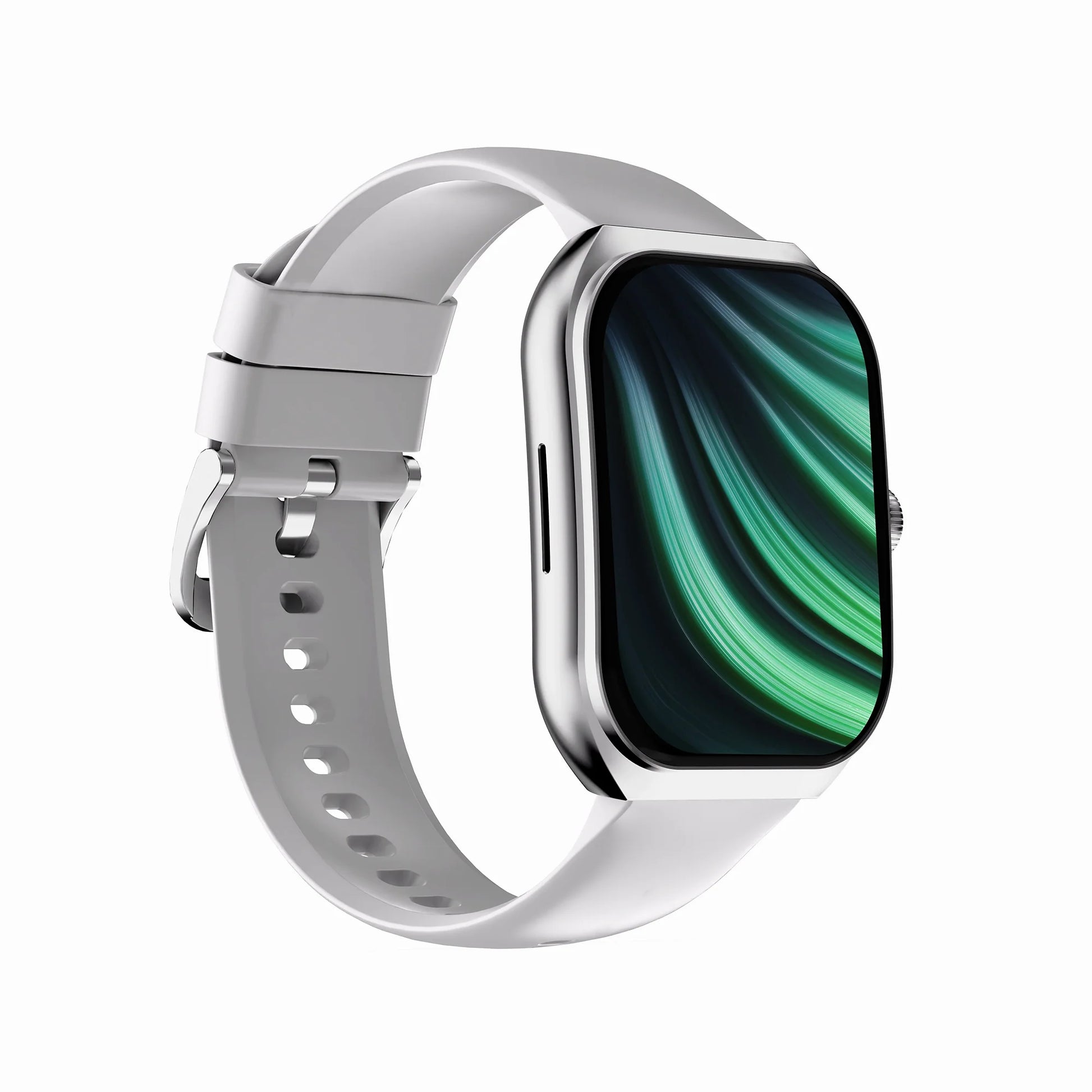 future tech gadgets Canada. smart tech store Canada. Techtron FAMO89 Fashion Smart Watch. Gallery image 12. The smartwatch is displayed at a slight angle, showcasing its rectangular face and smooth edges. The screen features a vibrant green and black abstract design, while the body is silver with a glossy finish. A soft white silicone strap wraps around the watch, secured with a metal buckle, and features multiple adjustment holes.