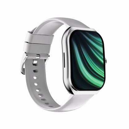 future tech gadgets Canada. smart tech store Canada. Techtron FAMO89 Fashion Smart Watch. Gallery image 12. The smartwatch is displayed at a slight angle, showcasing its rectangular face and smooth edges. The screen features a vibrant green and black abstract design, while the body is silver with a glossy finish. A soft white silicone strap wraps around the watch, secured with a metal buckle, and features multiple adjustment holes.