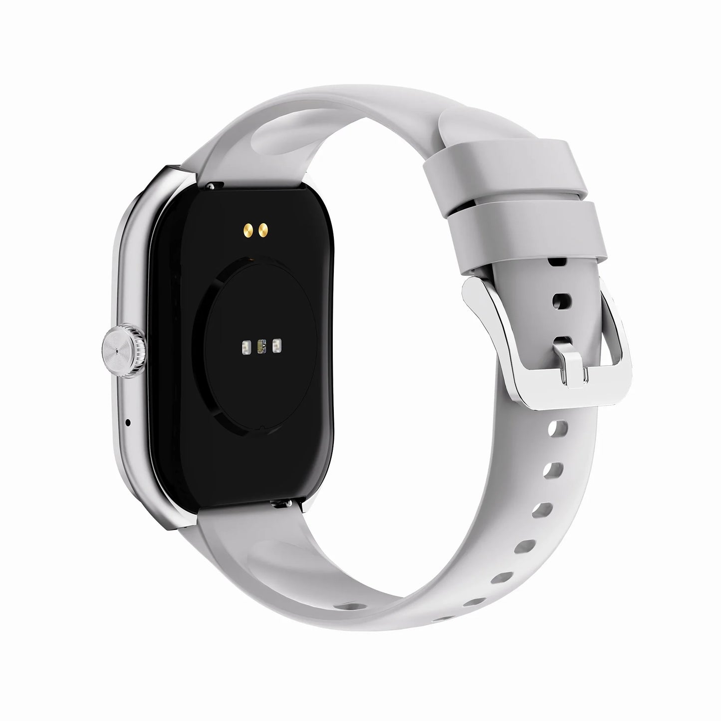 future tech gadgets Canada. smart tech store Canada. Techtron FAMO89 Fashion Smart Watch. Gallery image 13. The image shows a smartwatch positioned at a slight angle, revealing its sleek black back and a light gray silicone strap. The watch features a circular charging area with three small metal contacts and a prominent silver button on the side. The strap is secured with a silver buckle and has multiple holes for adjustment.