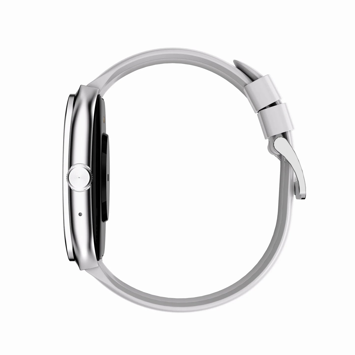 future tech gadgets Canada. smart tech store Canada. Techtron FAMO89 Fashion Smart Watch. Gallery image 14. The smartwatch is displayed in a side view, centered against a seamless white background. Its body features a sleek, glossy silver finish, while the strap is made of matte white material, creating a modern contrast. A round button is visible on the left side, along with a small microphone hole. The strap is secured with a polished silver clasp.