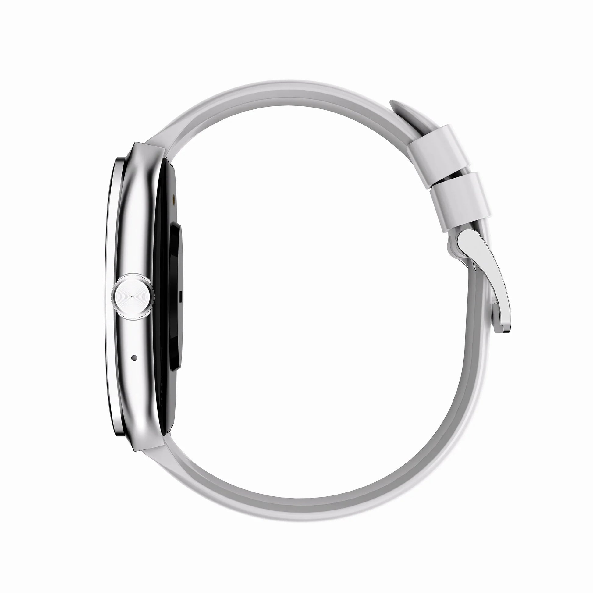 future tech gadgets Canada. smart tech store Canada. Techtron FAMO89 Fashion Smart Watch. Gallery image 14. The smartwatch is displayed in a side view, centered against a seamless white background. Its body features a sleek, glossy silver finish, while the strap is made of matte white material, creating a modern contrast. A round button is visible on the left side, along with a small microphone hole. The strap is secured with a polished silver clasp.