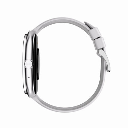 future tech gadgets Canada. smart tech store Canada. Techtron FAMO89 Fashion Smart Watch. Gallery image 14. The smartwatch is displayed in a side view, centered against a seamless white background. Its body features a sleek, glossy silver finish, while the strap is made of matte white material, creating a modern contrast. A round button is visible on the left side, along with a small microphone hole. The strap is secured with a polished silver clasp.