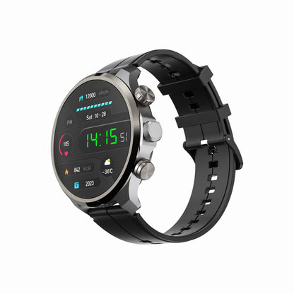 future tech gadgets Canada. smart tech store Canada. Techtron FWA24 4G Android Smart Watch. Gallery image 1. The smartwatch is positioned at a slight angle, showcasing its round face and black silicone strap. The screen displays vibrant digital metrics, including time, steps, heart rate, and calories burned, with bright green and blue elements against a dark background. The watch features two silver buttons on the side, adding a metallic accent to its design.