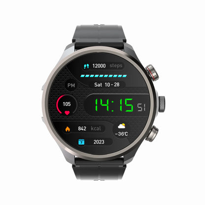 future tech gadgets Canada. smart tech store Canada. Techtron FWA24 4G Android Smart Watch. Gallery image 2. The smartwatch is centered in the frame, showcasing a round face with a black background and a metallic silver bezel. The display features vibrant green numbers indicating the time (14:15) and various health metrics, including steps (12,000), heart rate (105), and calories burned (842). Two buttons are visible on the right side of the watch, and the strap is black and textured.