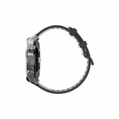 future tech gadgets Canada. smart tech store Canada. Techtron FWA24 4G Android Smart Watch. Gallery image 4. The watch is displayed in a side profile, showcasing its sleek design and metallic finish. The body is predominantly black with silver accents on the buttons, which are positioned on the right side. The strap is made of a flexible material, appearing dark with a subtle pattern. The background is a seamless white, emphasizing the watch's features.