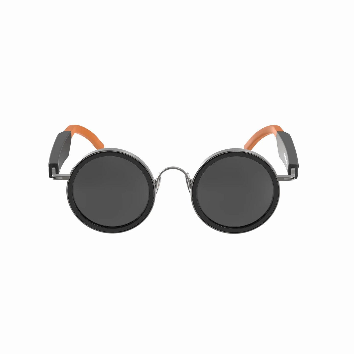 future tech gadgets Canada. smart tech store Canada. Techtron Oracle Smart Sunglasses. Gallery image 1. The sunglasses are centered in the frame, facing directly forward. They feature large, round black lenses with a glossy finish. The frame is primarily black with a shiny metallic bridge connecting the lenses. The arms of the sunglasses have a sleek design, with the left arm in matte black and the right arm accented by a bright orange rubber tip.