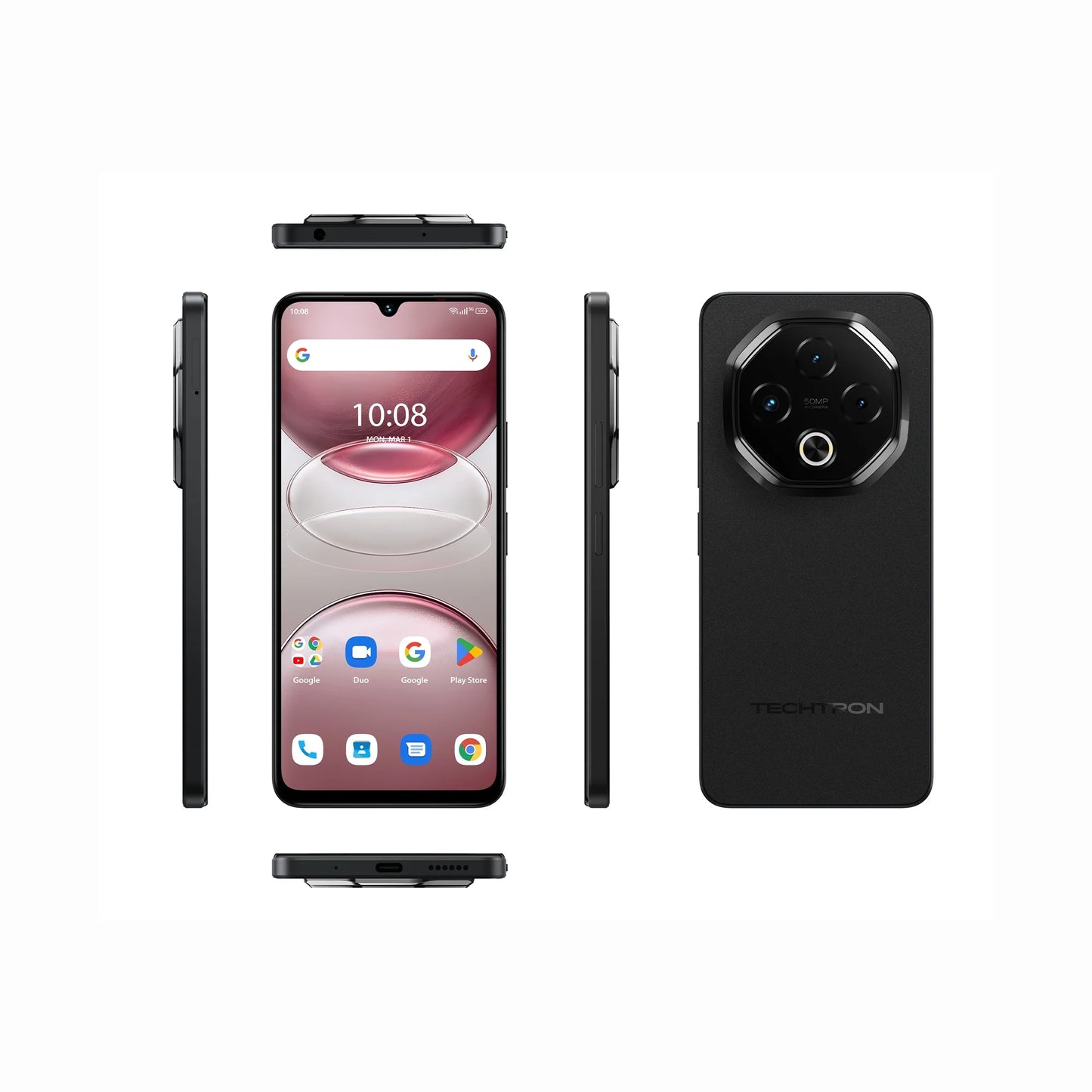 smart tech store Canada. premium tech accessories Canada. Techtron G100 5G 256GB Smart Phone. Gallery image 1. The smartphone is displayed from multiple angles, with the front view prominently featuring a large screen showing the time and app icons. The device is centered against a seamless white background, highlighting its sleek black body. The back showcases a circular camera module with three lenses and a flash, while the sides reveal buttons and ports.