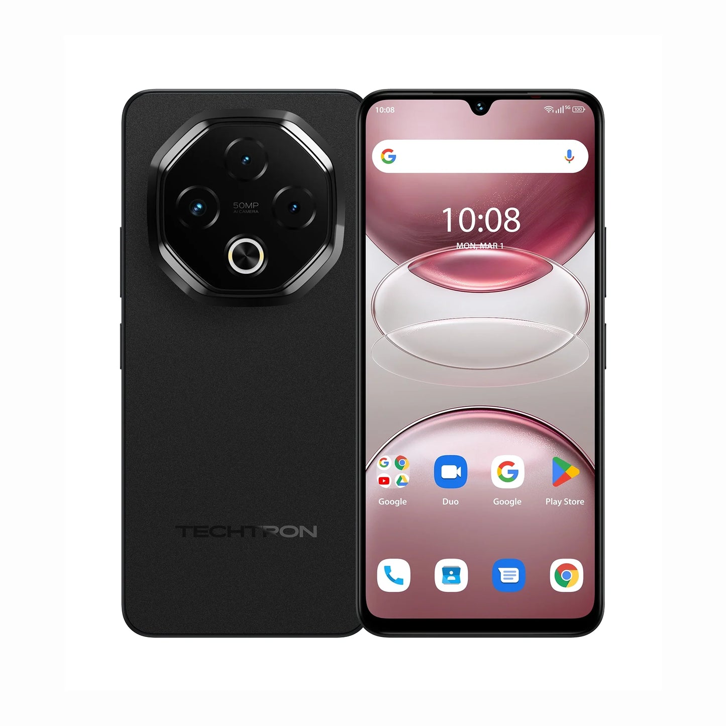 smart tech store Canada. premium tech accessories Canada. Techtron G100 5G 256GB Smart Phone. Gallery image 3. The smartphone is displayed front-facing, centered in the frame against a seamless white background. The device features a sleek black matte finish with a prominent octagonal camera module on the back, housing three lenses and a circular flash. The front screen shows a light pink gradient with app icons and the time displayed at the top.