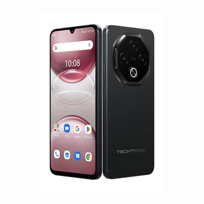 smart tech store Canada. premium tech accessories Canada. Techtron G100 5G 256GB Smart Phone. Gallery image 4. The smartphone is positioned at a slight angle, showcasing both the front and back. The front features a vibrant display with a pink and white circular design, displaying the time "10:08" and several app icons, including Google and Duo. The back is matte black with a prominent octagonal camera module housing three lenses and a circular flash.