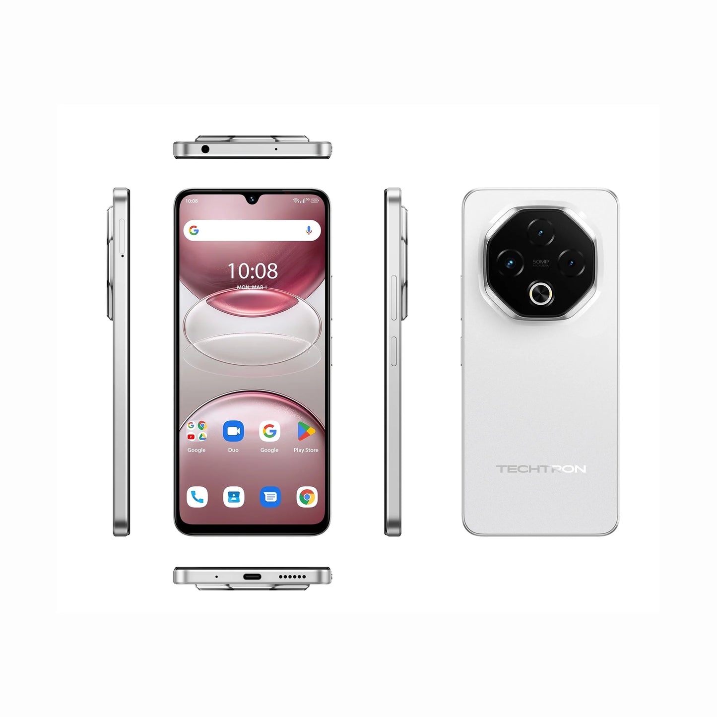 smart tech store Canada. premium tech accessories Canada. Techtron G100 5G 256GB Smart Phone. Gallery image 2. The smartphone is displayed from multiple angles, with the front view prominently featuring a large screen showing the time and app icons. The device is centered against a seamless white background, highlighting its sleek design. The sides reveal a metallic finish, with buttons visible on the right edge.