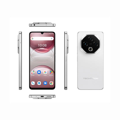 smart tech store Canada. premium tech accessories Canada. Techtron G100 5G 256GB Smart Phone. Gallery image 2. The smartphone is displayed from multiple angles, with the front view prominently featuring a large screen showing the time and app icons. The device is centered against a seamless white background, highlighting its sleek design. The sides reveal a metallic finish, with buttons visible on the right edge.