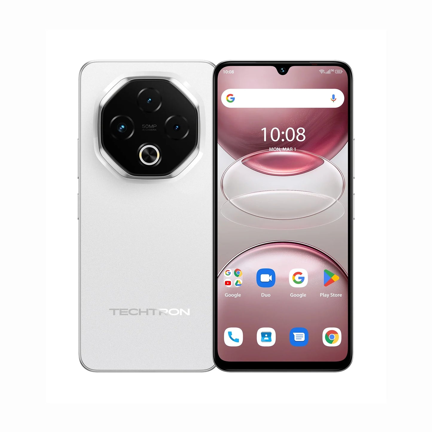 smart tech store Canada. premium tech accessories Canada. Techtron G100 5G 256GB Smart Phone. Gallery image 5. The smartphone is displayed at a slight angle, showcasing both the front and back. The back features a glossy white finish with a prominent octagonal camera module that houses three lenses, highlighted by a black trim. The front screen displays a pink and white abstract wallpaper, with a time and date in the top center.