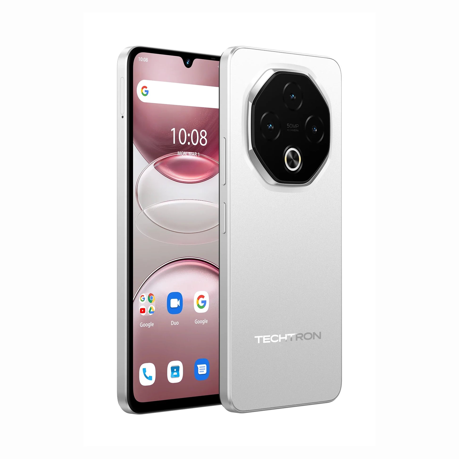 smart tech store Canada. premium tech accessories Canada. Techtron G100 5G 256GB Smart Phone. Gallery image 6. The smartphone is positioned at a slight angle, showcasing both the front and back. The front features a large display with a light pink background and visible app icons, including Google and Duo. The back is a glossy white with a prominent octagonal camera module that houses three lenses and a circular flash, all set against a black surface.