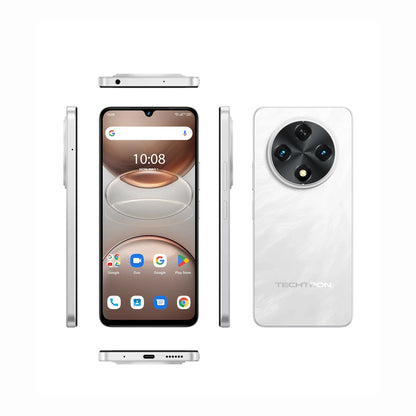 future tech gadgets Canada. smart tech store Canada. Techtron G100A 128GB Smart Phone. Gallery image 2. The smartphone is displayed from multiple angles, with the front view prominently featuring a large screen that shows the time "10:08" and several app icons. The device has a sleek, glossy white back with a circular camera module housing three lenses and a flash. The sides of the phone are silver, showcasing volume buttons and a power button.