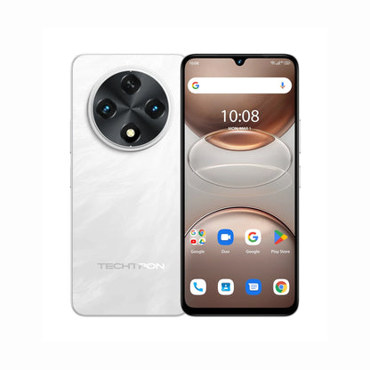 future tech gadgets Canada. smart tech store Canada. Techtron G100A 128GB Smart Phone. Gallery image 6. The smartphone is displayed front-facing, centered in the frame against a seamless white background. Its glossy white back features a prominent circular camera module with three lenses, set in a black ring. The screen shows a light brown and beige interface with app icons, and the time displayed is 10:08.