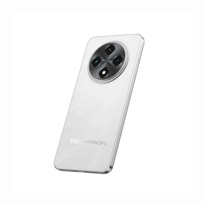 future tech gadgets Canada. smart tech store Canada. Techtron G100A 128GB Smart Phone. Gallery image 8. The smartphone is angled slightly to the right, showcasing its sleek, glossy white back. A prominent circular camera module is located at the top, featuring four lenses arranged in a diamond pattern, with a black trim that contrasts against the white surface. The brand name "TECHTRON" is printed in a subtle silver font near the bottom.