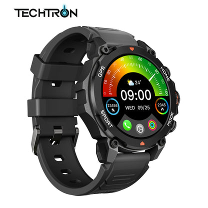 smart tech store Canada. premium tech accessories Canada. Techtron Aurafit G6 Smart Watch. Gallery image 1. The smartwatch is displayed at a slight angle, showcasing its round face and rugged design. The screen features a vibrant, colorful interface with the time set to 09:00, date displayed as Wednesday, 09/25, and a temperature of 24°C. The watch has a black rubber strap with a textured finish, and the body is accented with metallic elements.