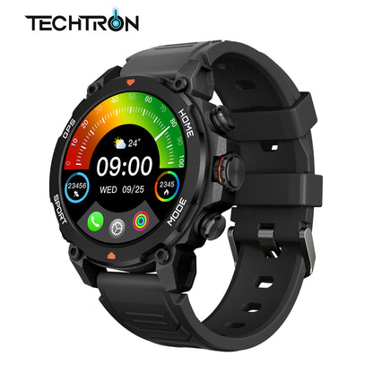 smart tech store Canada. premium tech accessories Canada. Techtron Aurafit G6 Smart Watch. Gallery image 2. The smartwatch is prominently displayed at an angle, showcasing its round, black face and vibrant, colorful digital display. The screen features a gradient background with a clock showing 09:00, date, and weather information, surrounded by various icons. The watch has a sturdy black rubber strap with a textured finish and metal buckle, and several buttons on the side for navigation.