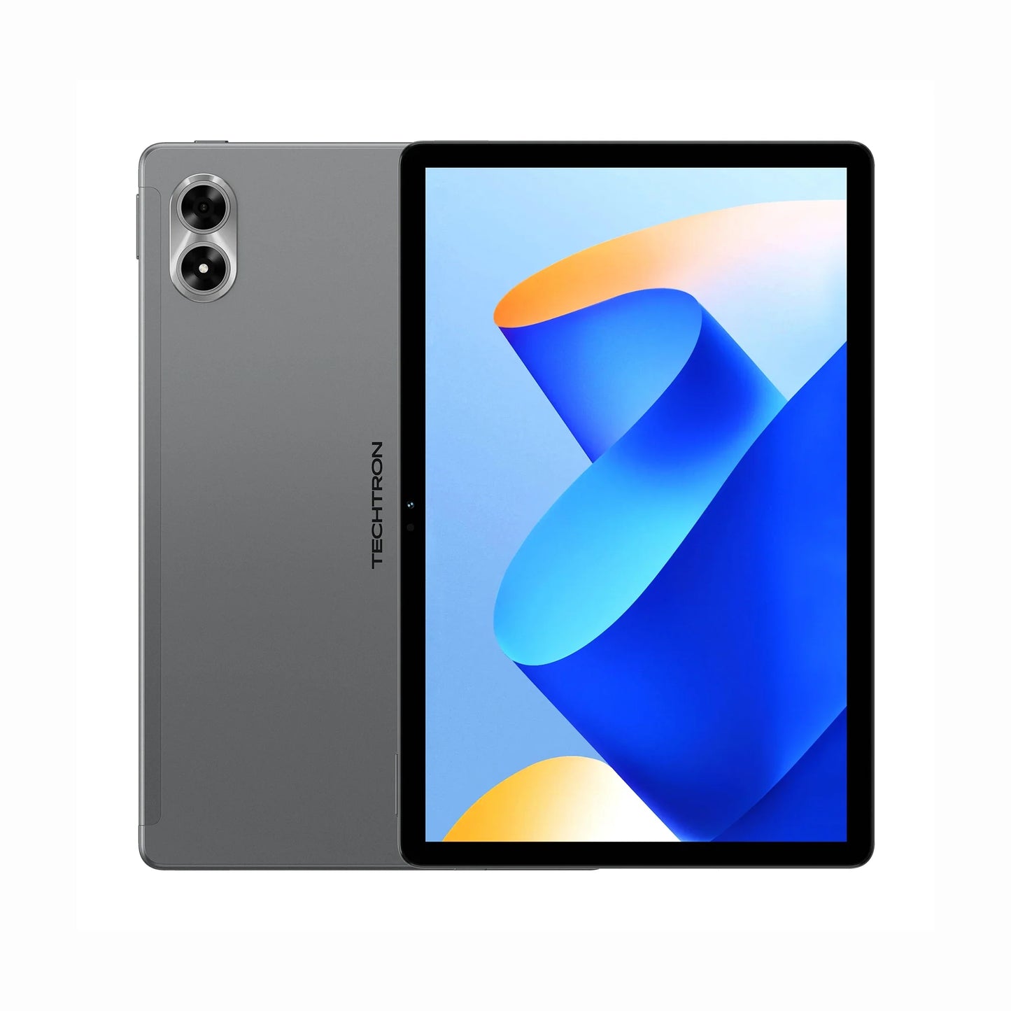 future tech gadgets Canada. smart tech store Canada. Techtron G7 Tab Pro 256GB LTE Tablet. Gallery image 1. The tablet is positioned centrally in the frame, showcasing both its front and back. The front features a vibrant display with a blue and orange abstract design, while the back is a sleek, matte gray with dual camera lenses at the top left corner. The brand name "TECHTRON" is visible vertically along the left side of the back.