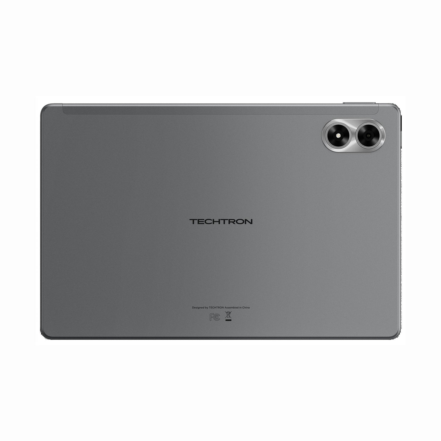 future tech gadgets Canada. smart tech store Canada. Techtron G7 Tab Pro 256GB LTE Tablet. Gallery image 3. The image shows a sleek, gray tablet positioned flat against a white background. The back of the tablet features a smooth, matte finish with a subtle sheen. Centered on the device is the logo "TECHTRON" in black, with additional small text near the bottom that includes design and assembly information.