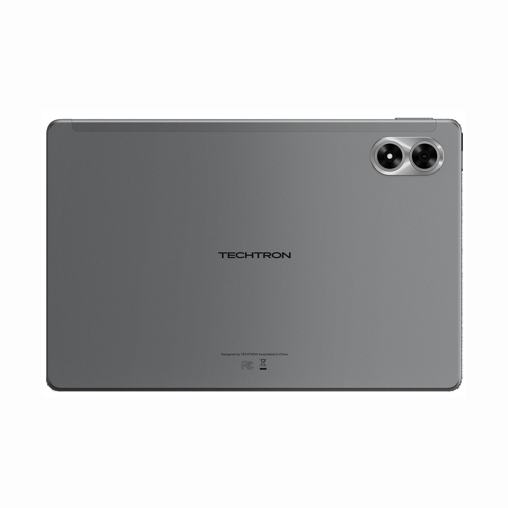 future tech gadgets Canada. smart tech store Canada. Techtron G7 Tab Pro 256GB LTE Tablet. Gallery image 3. The image shows a sleek, gray tablet positioned flat against a white background. The back of the tablet features a smooth, matte finish with a subtle sheen. Centered on the device is the logo "TECHTRON" in black, with additional small text near the bottom that includes design and assembly information.
