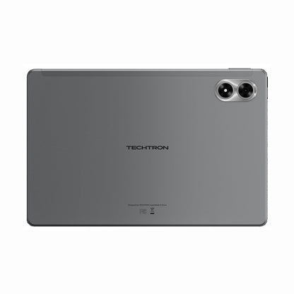 future tech gadgets Canada. smart tech store Canada. Techtron G7 Tab Pro 256GB LTE Tablet. Gallery image 3. The image shows a sleek, gray tablet positioned flat against a white background. The back of the tablet features a smooth, matte finish with a subtle sheen. Centered on the device is the logo "TECHTRON" in black, with additional small text near the bottom that includes design and assembly information.