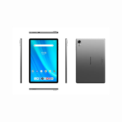 future tech gadgets Canada. smart tech store Canada. Techtron G9 256GB LTE Tablet. Gallery image 1. The tablet is displayed centrally, showcasing its sleek design from multiple angles. The front features a vibrant blue screen with the time displayed at the top, surrounded by a thin black bezel. The sides reveal a slim profile with buttons and ports visible, while the back is a brushed metallic gray with a camera lens in the top corner.