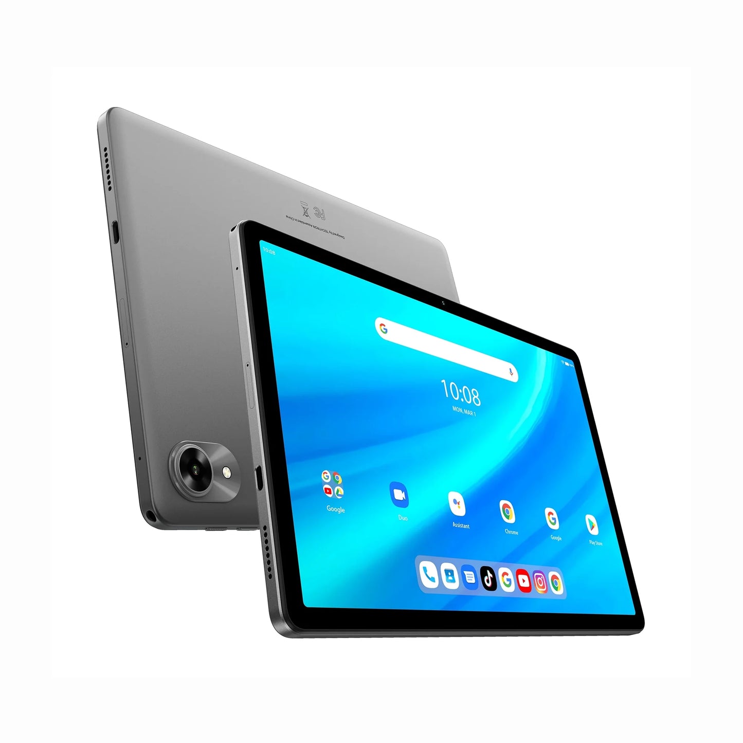 future tech gadgets Canada. smart tech store Canada. Techtron G9 256GB LTE Tablet. Gallery image 4. The tablet is positioned at an angle, showcasing both its front and back. The front features a vibrant blue screen displaying app icons and the time, while the back is a sleek silver with a circular camera lens and speaker grilles. The background is a seamless white, emphasizing the product. Soft lighting highlights the tablet's glossy finish, creating subtle reflections on the screen.