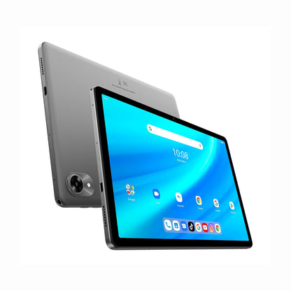future tech gadgets Canada. smart tech store Canada. Techtron G9 256GB LTE Tablet. Gallery image 4. The tablet is positioned at an angle, showcasing both its front and back. The front features a vibrant blue screen displaying app icons and the time, while the back is a sleek silver with a circular camera lens and speaker grilles. The background is a seamless white, emphasizing the product. Soft lighting highlights the tablet's glossy finish, creating subtle reflections on the screen.