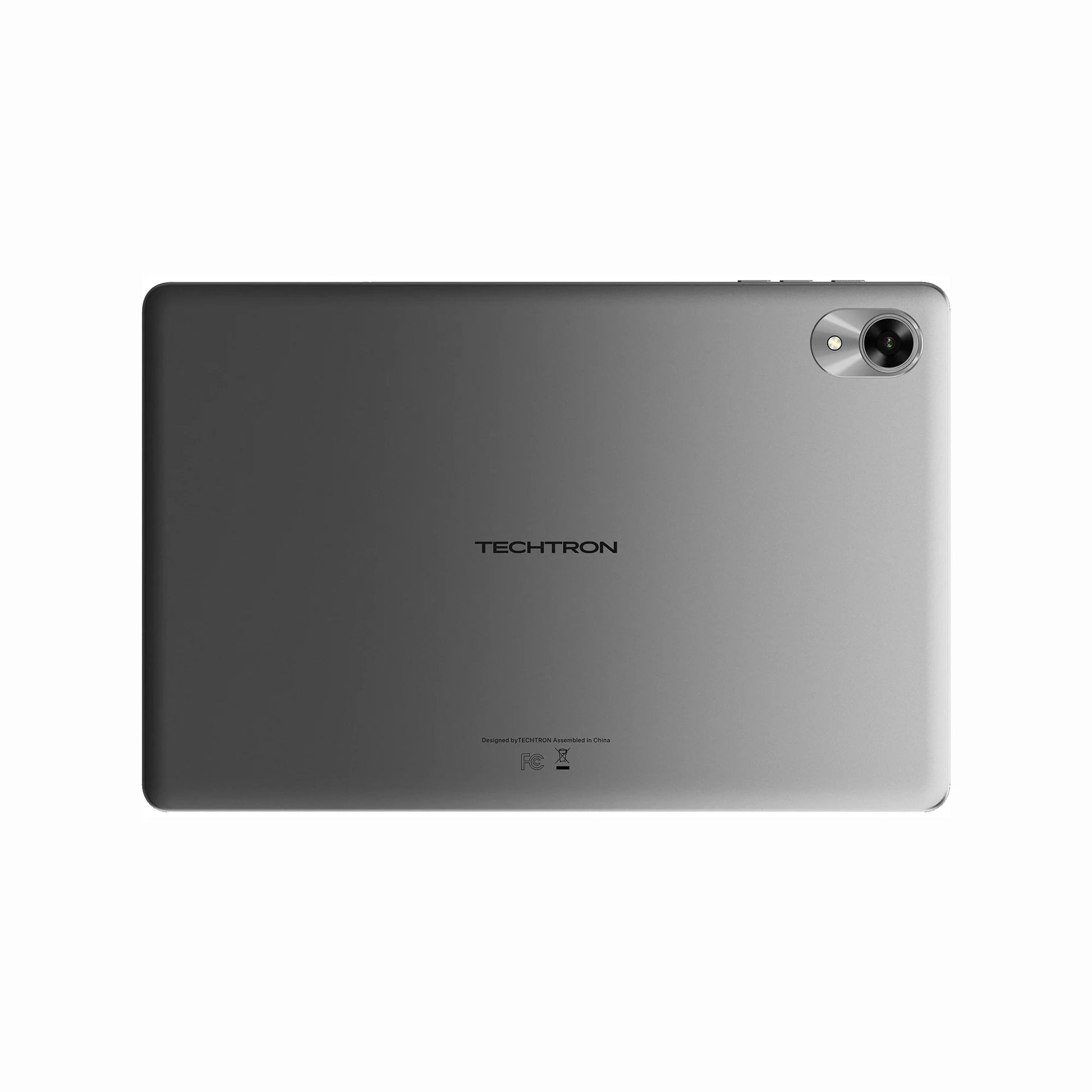 future tech gadgets Canada. smart tech store Canada. Techtron G9 256GB LTE Tablet. Gallery image 5. The tablet is centered in the frame, showcasing its sleek, matte silver back. The surface is smooth with rounded corners, and a small camera lens is positioned in the top right corner. Below the camera, the brand name "TECHTRON" is printed in black, along with some small text that is not clearly legible. The background is a seamless white, providing a clean contrast to the device.