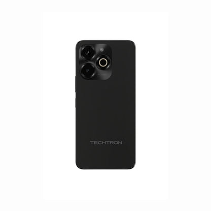 future tech gadgets Canada. smart tech store Canada. Techtron G9X 128GB Smart Phone. Gallery image 2. The smartphone is centered in the frame, showcasing its sleek black back. It features a matte finish with a subtle texture, and the camera module is positioned in the upper left corner, housing two circular lenses and a third smaller lens. Below the camera, the brand name "TECHTRON" is printed in a light gray font. The background is a seamless white, providing a clean contrast to the device.