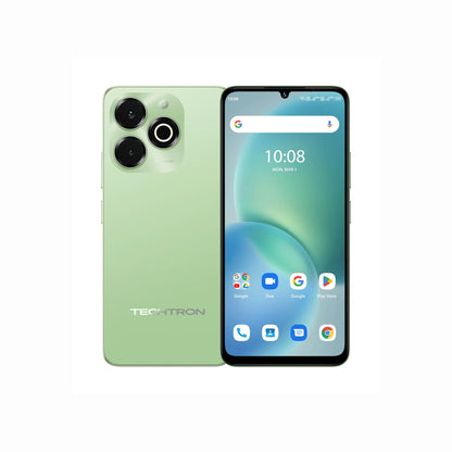future tech gadgets Canada. smart tech store Canada. Techtron G9X 128GB Smart Phone. Gallery image 3. The smartphone is displayed at a slight angle, showcasing both its back and front. The back features a soft green finish with two prominent circular camera lenses and a small flash, while the front has a large screen with a subtle notch at the top for the front camera. The screen displays the time "10:08" and various app icons, including Google and Play Store.