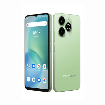 future tech gadgets Canada. smart tech store Canada. Techtron G9X 128GB Smart Phone. Gallery image 5. The smartphone is positioned at a slight angle, showcasing both the front and back. The front features a vibrant display with a light green background and several app icons, including Google and Duo, visible at the bottom. The back of the phone is a glossy light green with two circular camera lenses and the "TECHYRON" logo printed in silver.
