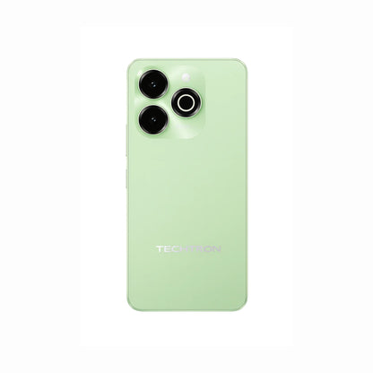 future tech gadgets Canada. smart tech store Canada. Techtron G9X 128GB Smart Phone. Gallery image 6. The smartphone is centered in the frame, showcasing its sleek, mint green back. Three circular camera lenses are positioned in the upper left corner, with the largest lens surrounded by a silver ring. Below the cameras, the brand name "TECHTRON" is printed in a subtle, light purple font. The background is a seamless white, enhancing the phone's modern aesthetic.