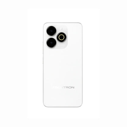 future tech gadgets Canada. smart tech store Canada. Techtron G9X 128GB Smart Phone. Gallery image 8. The smartphone is centered in the frame, showcasing its sleek, glossy white back. It features a rectangular camera module in the upper left corner, housing three circular lenses, with the middle lens outlined in gold. Below the camera, the brand name "TECHTRON" is printed in a subtle silver font. The background is a seamless white, enhancing the phone's modern aesthetic.