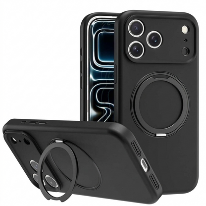Black MagSafe Silicone Ring Stand Case for Apple iPhone 17 Pro, shockproof protective phone cover