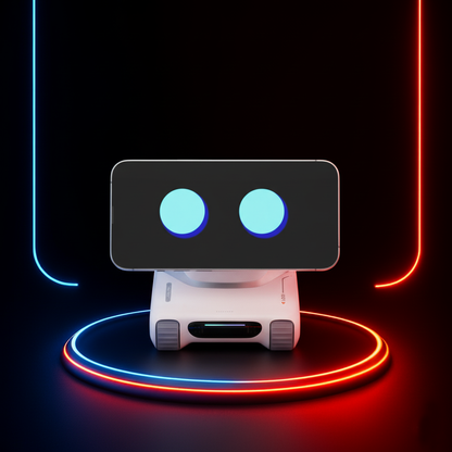 future tech gadgets Canada. smart tech store Canada. LOOI L01 AI Desk Companion Robot. Gallery image 1. The product is a small, rounded robot positioned centrally against a dark background, illuminated by vibrant blue and red neon light strips that create a circular glow around it. The robot features a smooth white body with a glossy finish, and its face displays two large, bright blue circular eyes on a black screen.
