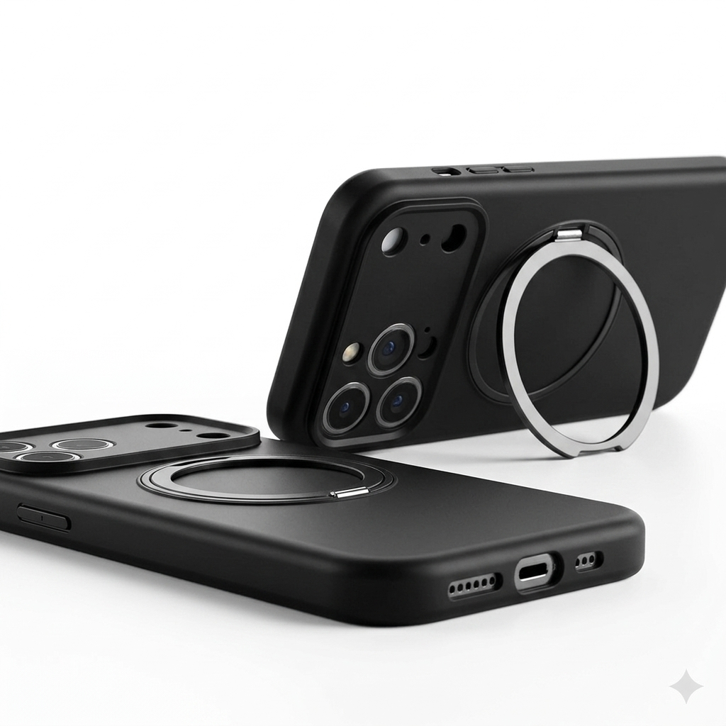 Black kickstand phone case Apple iPhone 17 Pro, magnetic ring holder protective cover