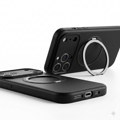 Black kickstand phone case Apple iPhone 17 Pro, magnetic ring holder protective cover