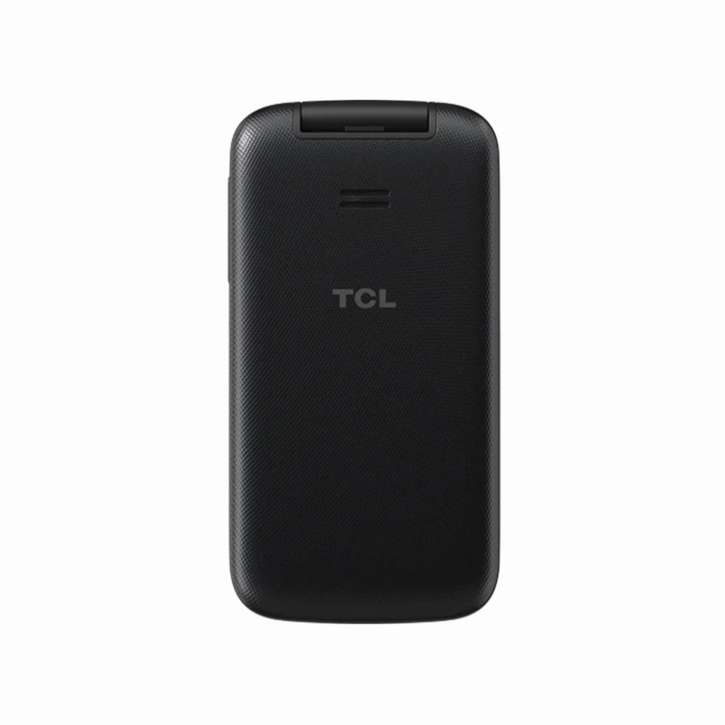 cutting edge electronics online Canada. smart tech store Canada. New TCL Flip 2 Flip Phone. Gallery image 4. The image shows a compact, black flip phone positioned centrally against a plain white background. The phone features a textured surface, providing a matte finish that reduces glare. The TCL logo is prominently displayed in the center of the device, just above a small speaker grille. The overall lighting is soft, highlighting the phone's contours without harsh shadows.