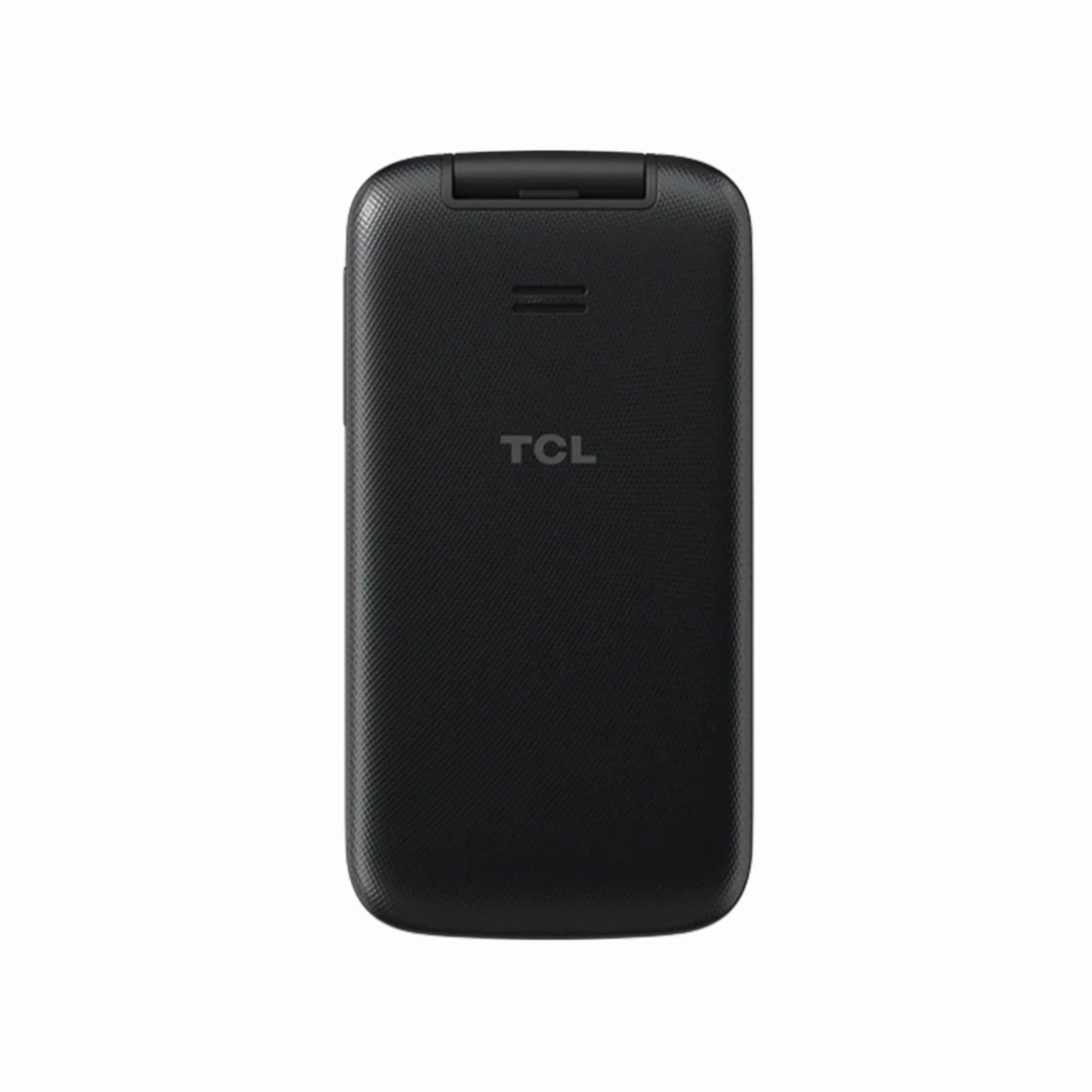 cutting edge electronics online Canada. smart tech store Canada. New TCL Flip 2 Flip Phone. Gallery image 4. The image shows a compact, black flip phone positioned centrally against a plain white background. The phone features a textured surface, providing a matte finish that reduces glare. The TCL logo is prominently displayed in the center of the device, just above a small speaker grille. The overall lighting is soft, highlighting the phone's contours without harsh shadows.