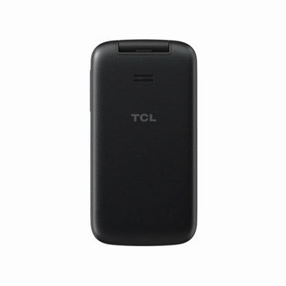 cutting edge electronics online Canada. smart tech store Canada. New TCL Flip 2 Flip Phone. Gallery image 4. The image shows a compact, black flip phone positioned centrally against a plain white background. The phone features a textured surface, providing a matte finish that reduces glare. The TCL logo is prominently displayed in the center of the device, just above a small speaker grille. The overall lighting is soft, highlighting the phone's contours without harsh shadows.