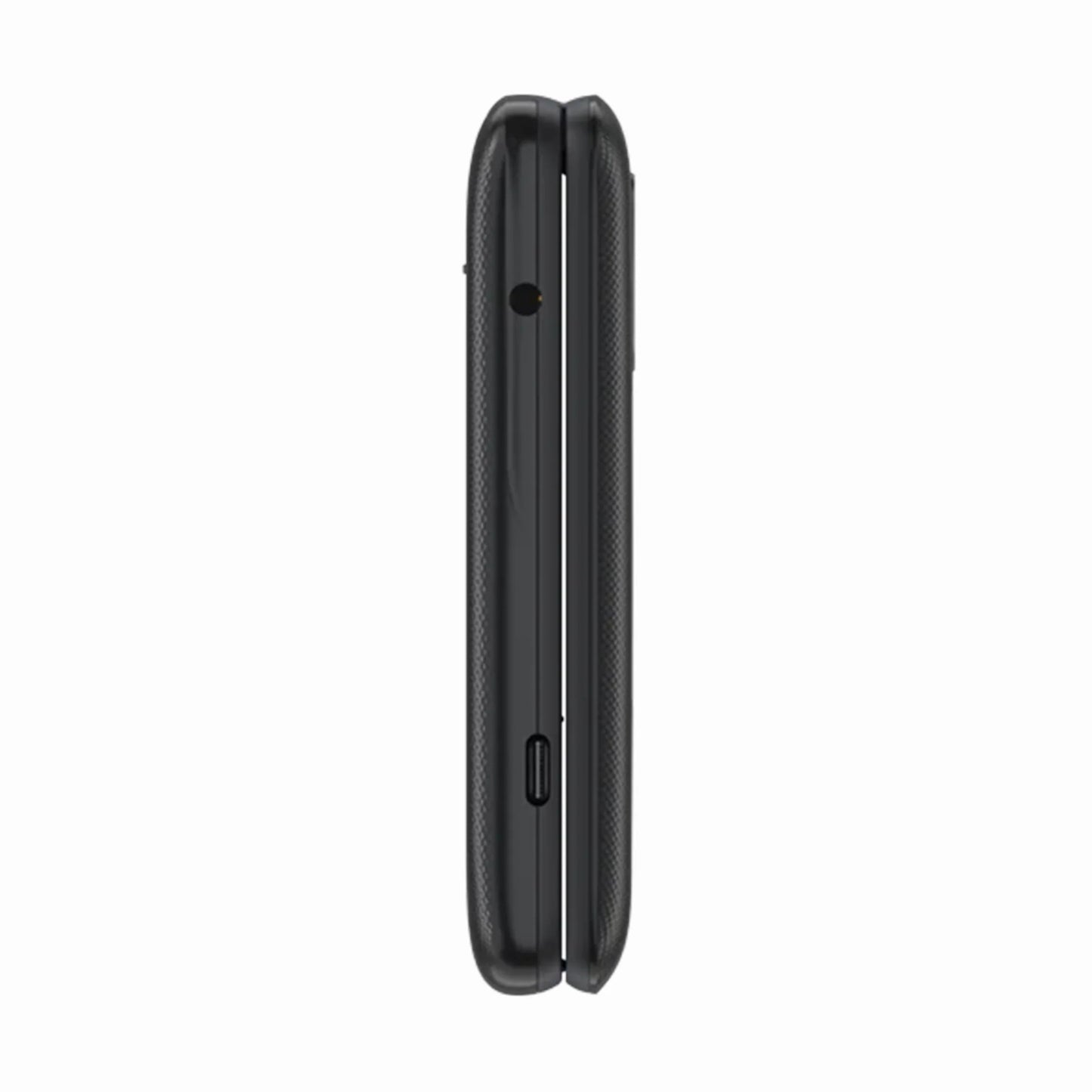 cutting edge electronics online Canada. smart tech store Canada. New TCL Flip 2 Flip Phone. Gallery image 2. The product is shown from a side view, highlighting its slim profile. It features a matte black finish with a textured surface for grip. A small circular hole, likely for a microphone or headphone jack, is visible near the top, while a USB-C port is located further down the side. The background is plain white, emphasizing the product's design without distractions.
